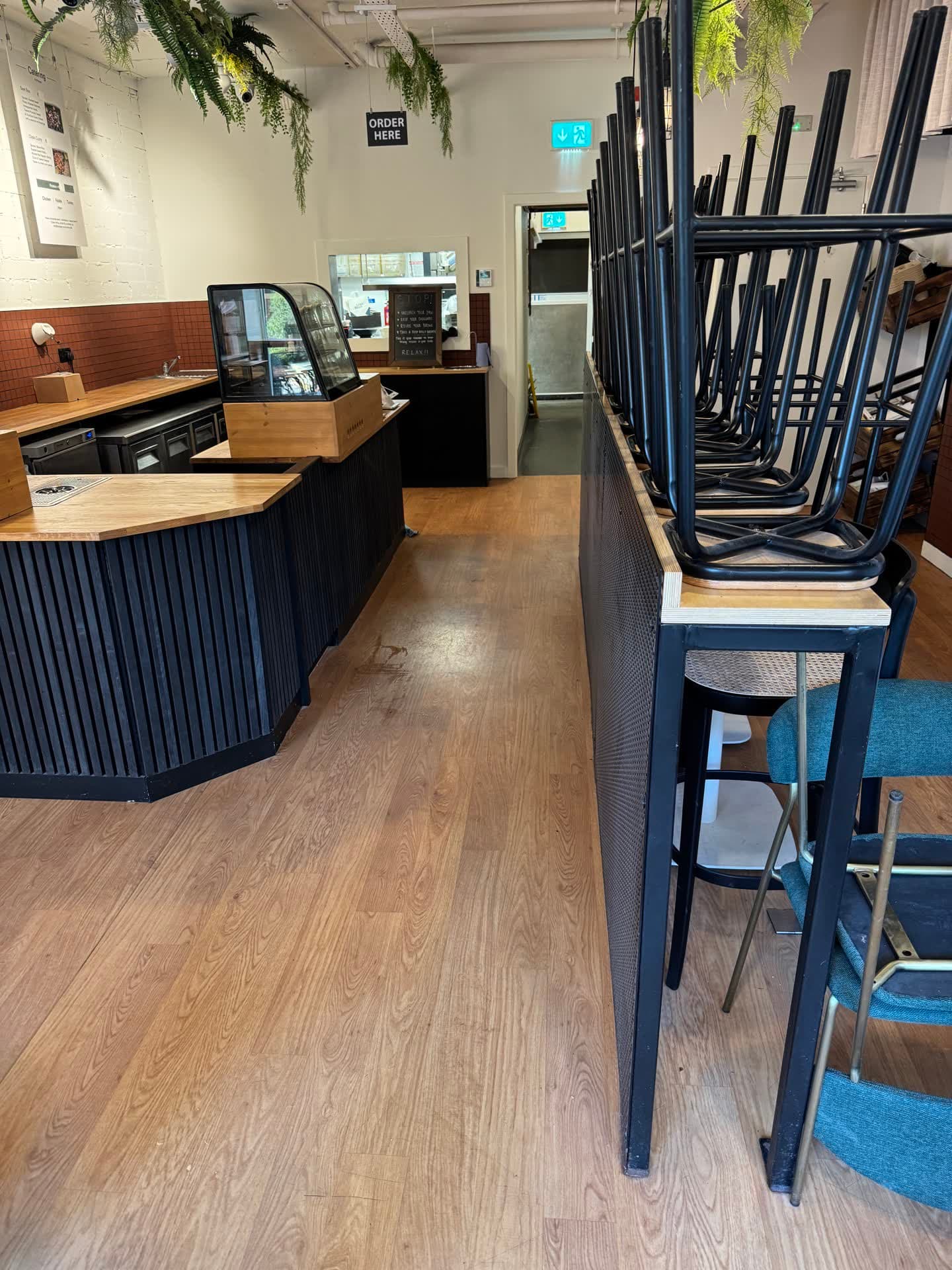 Full interior view of Lean Bean Coffee City West showing complete lighting and power installation